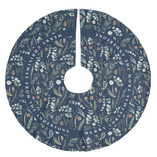 ネイビーブルークリスマスモダンボミニマルタニカルギフト ブラッシュドポリエステルツリースカート (正面)