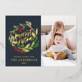 ネイビーブルークリスマス植物撮エレガント影モダン 箔シーズンカード (正面)