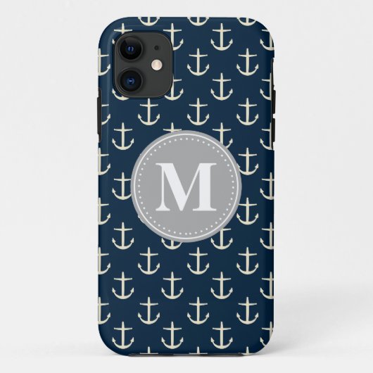 ネイビーブルークリームいかりパターングレーモノグラム Case-Mate iPhoneケース (裏面)