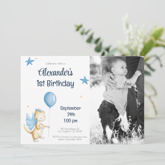 ネイビーブルークリームドラゴン&バルーンファースト誕生日 招待状 (スタンド正面)