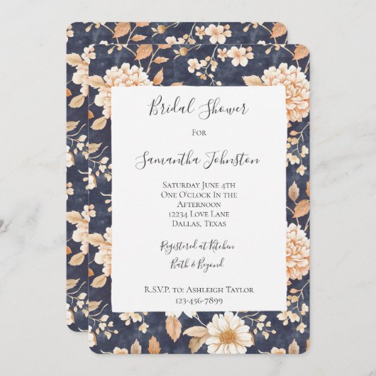 ネイビーブルークリームピーチフローラブライダルシャワー 招待状 (正面/裏面)