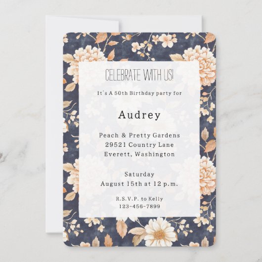 ネイビーブルークリームピーチフローラ50誕生日 招待状 (正面)