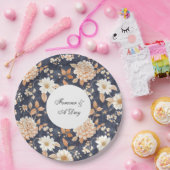 ネイビーブルークリームピーチ結婚フローラ ペーパープレート (パーティー)