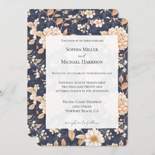 ネイビーブルークリームピーチ結婚フローラ 招待状 (正面/裏面)
