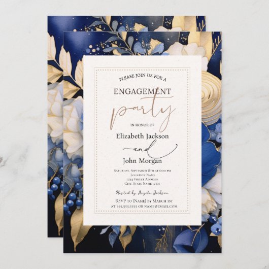 ネイビーブルークリームフラワーズ婚約パーティ 招待状 (正面/裏面)