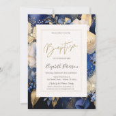 ネイビーブルークリームフラワーバプテスマ 招待状 (正面)