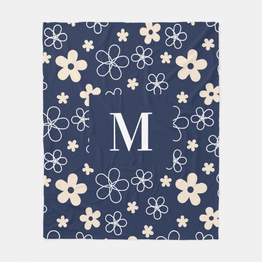 ネイビーブルークリームフラワーパターンレトロ フリースブランケット (正面)