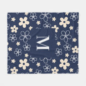 ネイビーブルークリームフラワーパターンレトロ フリースブランケット (正面(横))