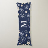 ネイビーブルークリームフラワーパターンレトロ ボディピロー (正面縦)