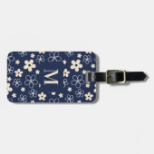 ネイビーブルークリームフラワーパターンレトロ ラゲッジタグ (正面横)
