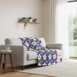 ネイビーブルークリームフラワー付き毛布 フリースブランケット