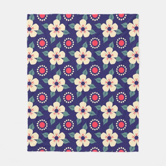 ネイビーブルークリームフラワー付き毛布 フリースブランケット (正面)