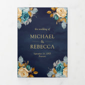 ネイビーブルークリームフローラ金ゴールドQRコードフォト結婚ズ 三つ折り招待状 (カバー)