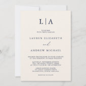 ネイビーブルークリームモノグラムシンプルミニマル結婚リスト 招待状 (正面)