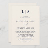 ネイビーブルークリームモノグラムシンプルミニマル結婚リスト 招待状 (正面/裏面)