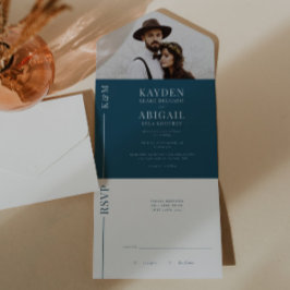 ネイビーブルークリーンライン結婚式招待状 オールインワン招待状