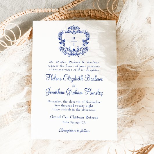 ネイビーブルークレストフォーマルエレガントな結婚式 招待状