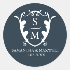 ネイビーブルークレストモノグラム結婚式用シール ラウンドシール