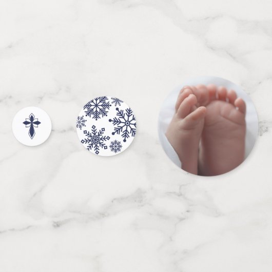 ネイビーブルークロススノーフレーク写真冬バプテスマ コンフェッティ (裏面)