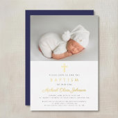 ネイビーブルークロスボーイフォトバプテスマ金ゴールド 箔招待状