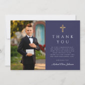 ネイビーブルークロスボーイフォトファースト聖餐式 サンキューカード (正面)