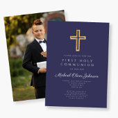 ネイビーブルークロスボーイフォトファースト聖餐式 招待状
