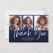 ネイビーブルーグラデーションの卒業式3写真ありがとう サンキューカード (正面)