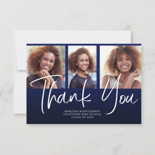 ネイビーブルーグラデーションの卒業式3写真ありがとう サンキューカード (正面)