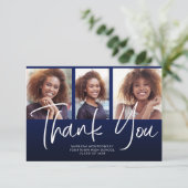 ネイビーブルーグラデーションの卒業式3写真ありがとう サンキューカード (スタンド正面)