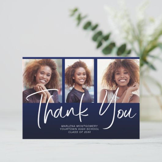 ネイビーブルーグラデーションの卒業式3写真ありがとう サンキューカード (スタンド正面)