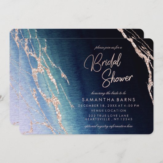 ネイビーブルーグラデーションアゲートブライダルシャワー招待 招待状 (正面/裏面)