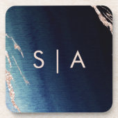 ネイビーブルーグラデーションアゲート&バラ金ゴールドズ結婚モノグラム コースター (正面)