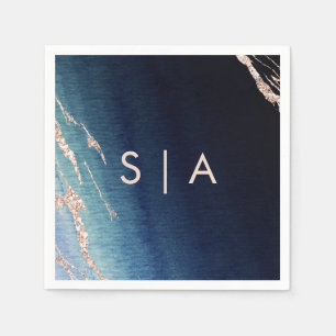 ネイビーブルーグラデーションアゲート&バラ金ゴールドズ結婚モノグラム スタンダードカクテルナプキン