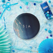 ネイビーブルーグラデーションアゲート&バラ金ゴールドズ結婚モノグラム ペーパープレート (パーティー)