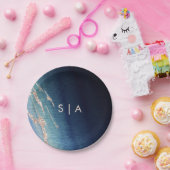 ネイビーブルーグラデーションアゲート&バラ金ゴールドズ結婚モノグラム ペーパープレート (パーティー)