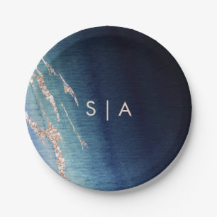 ネイビーブルーグラデーションアゲート&バラ金ゴールドズ結婚モノグラム ペーパープレート