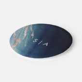 ネイビーブルーグラデーションアゲート&バラ金ゴールドズ結婚モノグラム ペーパープレート (アングル)