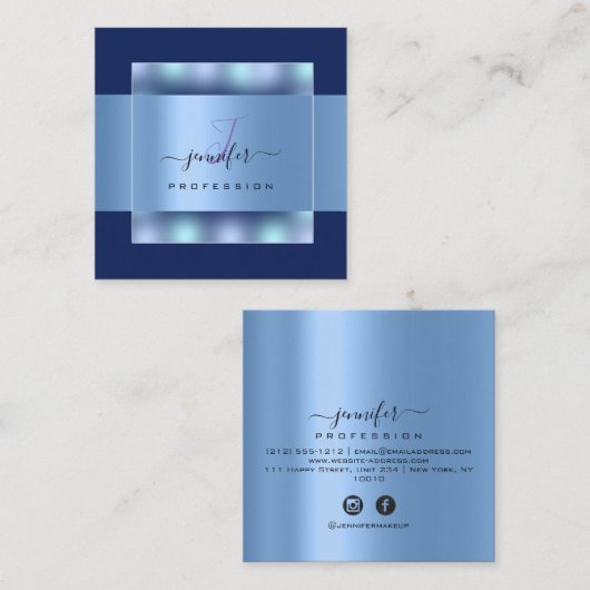 ネイビーブルーグラデーションモノグラム名社会バラ スクエア名刺 (正面/裏面)