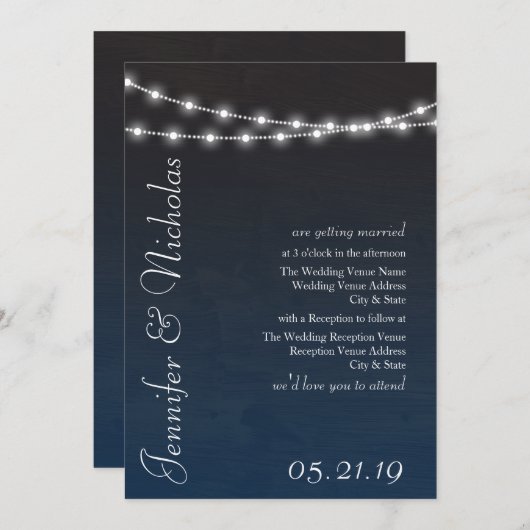 ネイビーブルーグラデーションライトタイポグラフィ結婚式の招待 招待状 (正面/裏面)