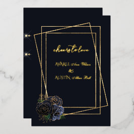 ネイビーブルーグラムバラとブラック&ゴールドフォイル 箔招待状