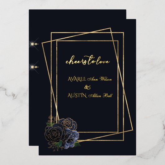 ネイビーブルーグラムバラとブラック&ゴールドフォイル 箔招待状 (正面/裏面)