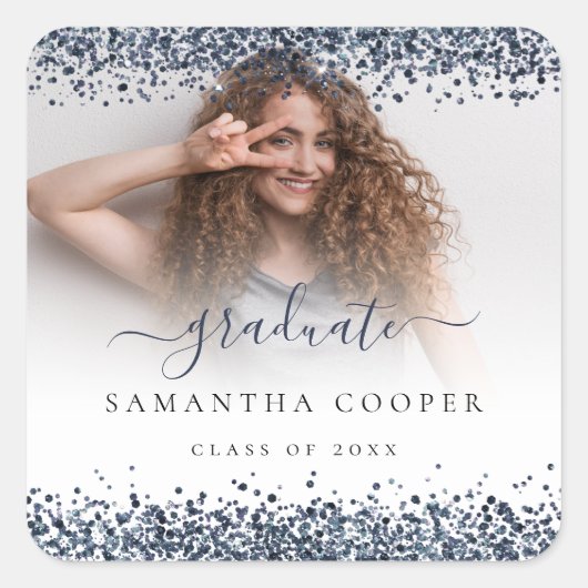 ネイビーブルーグリッターグラッド写真名年級 スクエアシール (正面)