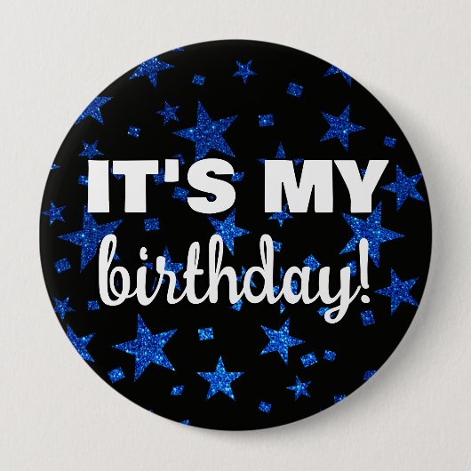ネイビーブルーグリッタースターズ紙吹雪それが私の誕生日 缶バッジ (正面)