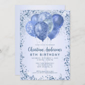 ネイビーブルーグリッタースパークルバルーン子供の誕生日 招待状 (正面/裏面)