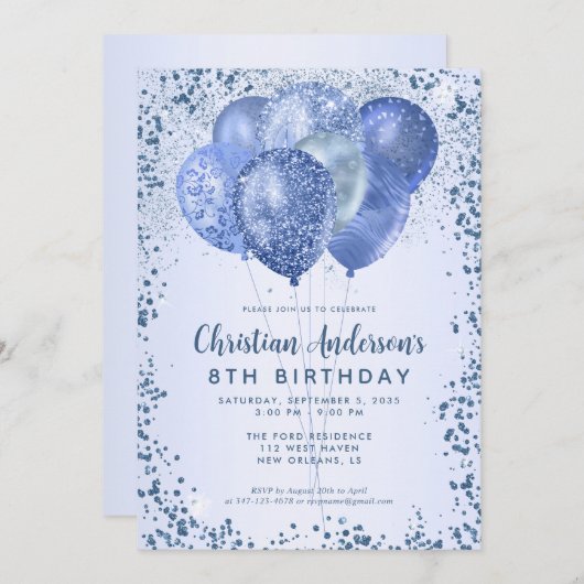 ネイビーブルーグリッタースパークルバルーン子供の誕生日 招待状 (正面/裏面)