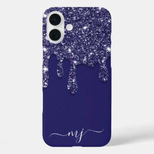 ネイビーブルーグリッタードリップカスタムモノグラム iPhone 16 PLUSケース