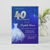 ネイビーブルーグリッタードリップスドレスブルー40th誕生日 招待状 (スタンド正面)