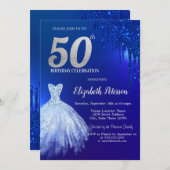 ネイビーブルーグリッタードリップスドレスブルー50th誕生日 招待状 (正面/裏面)