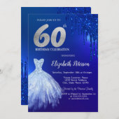 ネイビーブルーグリッタードリップスドレスブルー60th誕生日 招待状 (正面/裏面)