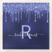 ネイビーブルーグリッタードリップモノグラム名 ガラスコースター (正面)